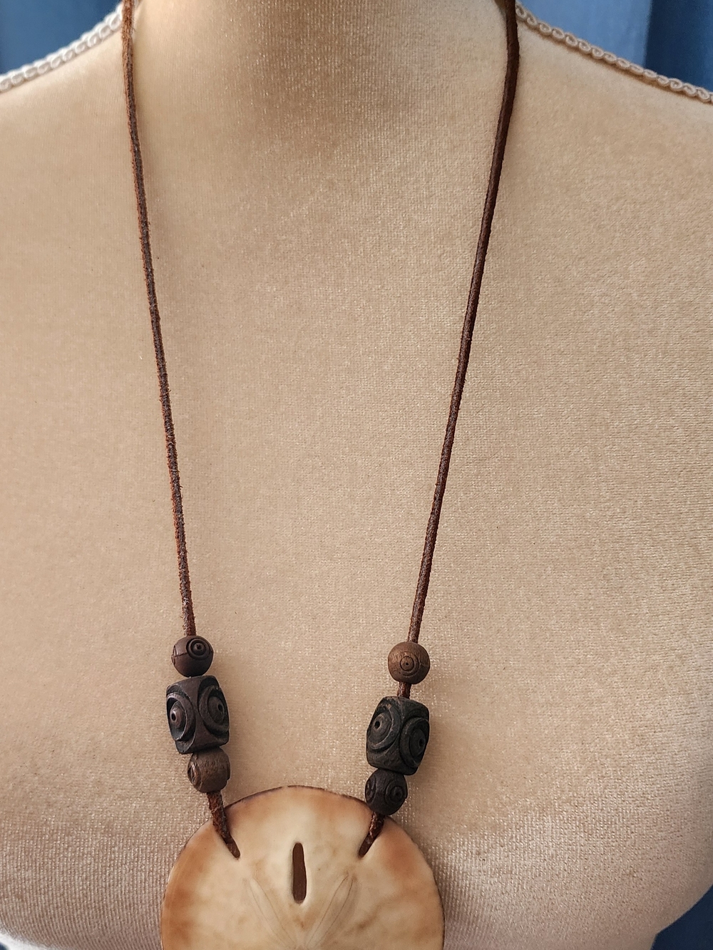 Brown Carved Bead and Shell Pendant Necklace